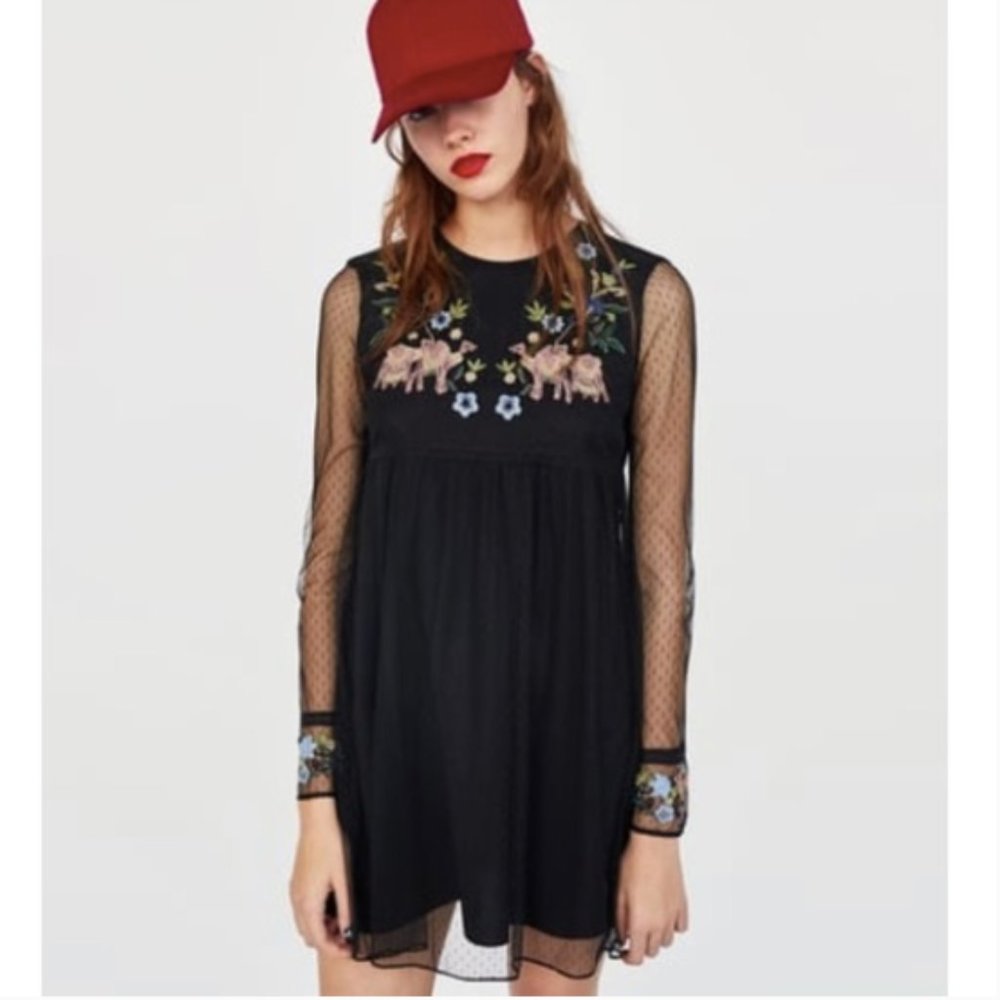 ZARA Plumetis Floral Camel Embroidered Black Mesh Mini Dress size M
